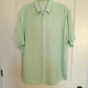 Brooks Brothers Linen Short Sleeve Button Down Shirt Green Stripe Size L